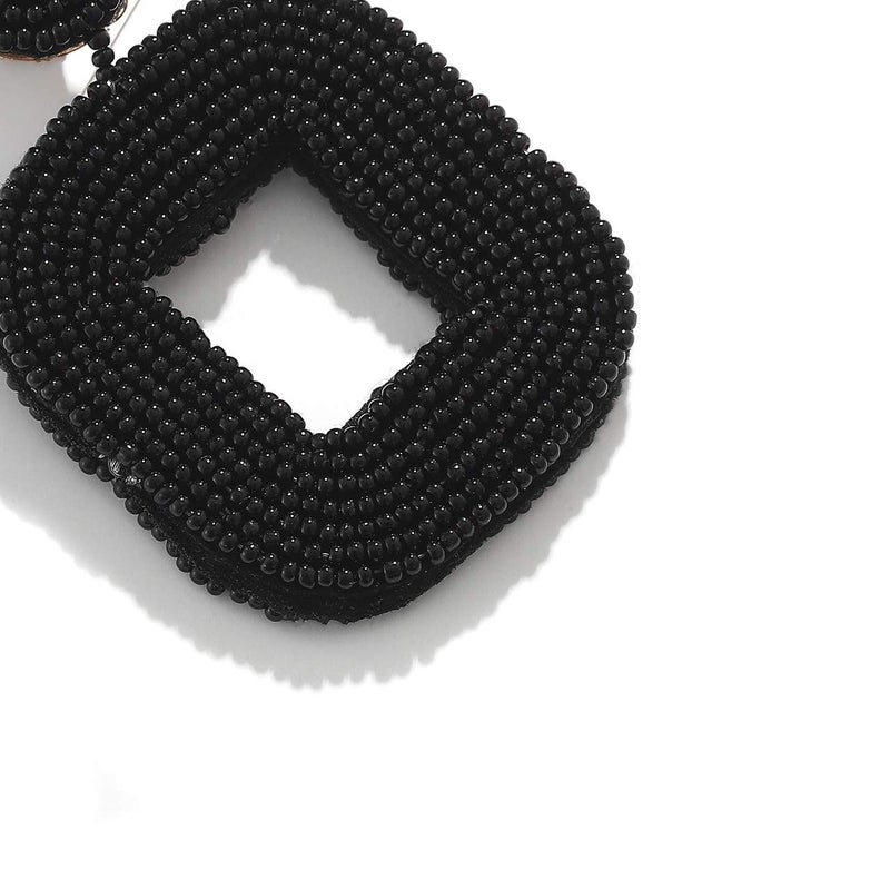 Boderier Beaded Hoop Earrings Bohemian Beaded Square Dangle Statement Earrings (Black) - Image 5